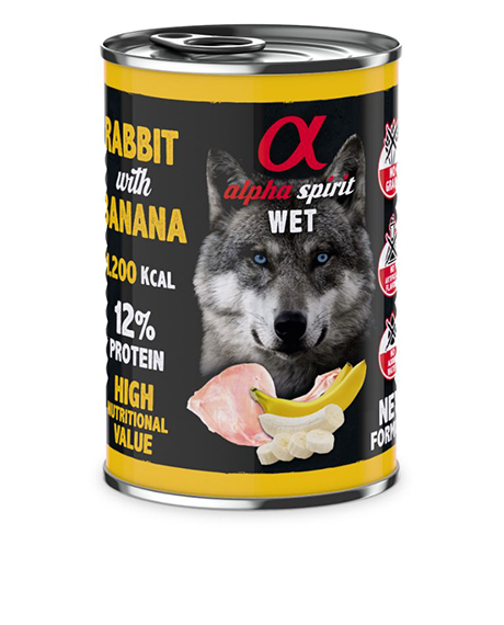 Alpha Spirit Wet konservai šunims su triušiena ir bananais, 400 g