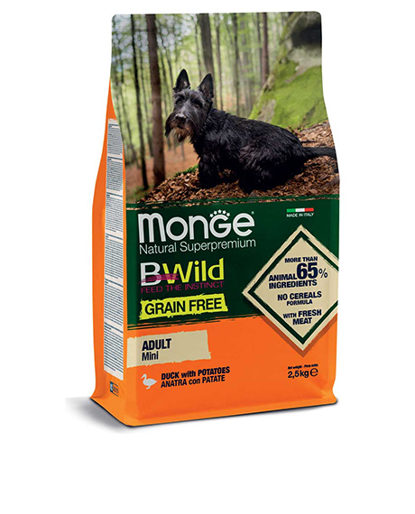 Monge Dry Dog BWILD Adult Mini begrūdis sausas maistas mažų veislių šunims su antiena, 2,5 kg