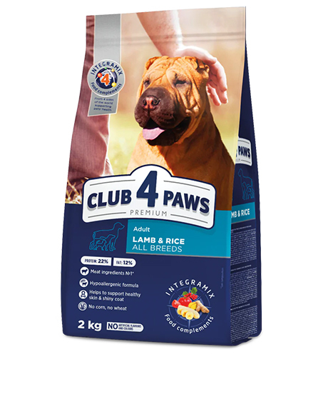 CLUB 4 PAWS Premium Visavertis pašaras suaugusiems visų veislių šunims su ėriena ir ryžiais, 2 kg