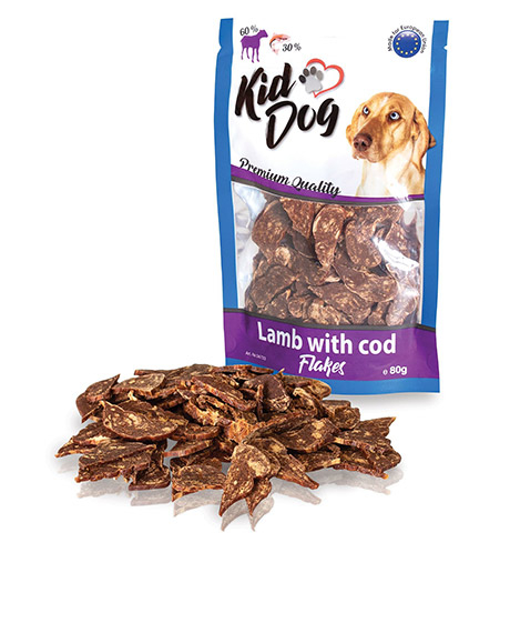 Kiddog Flakes skanėstai šunims su ėriena ir menke, 80 g