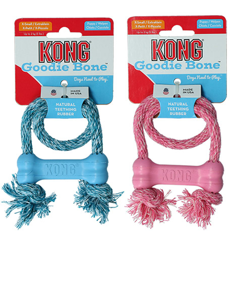 KONG Puppy Goodie Bone guminis žaislas su virve šuniukams, XS