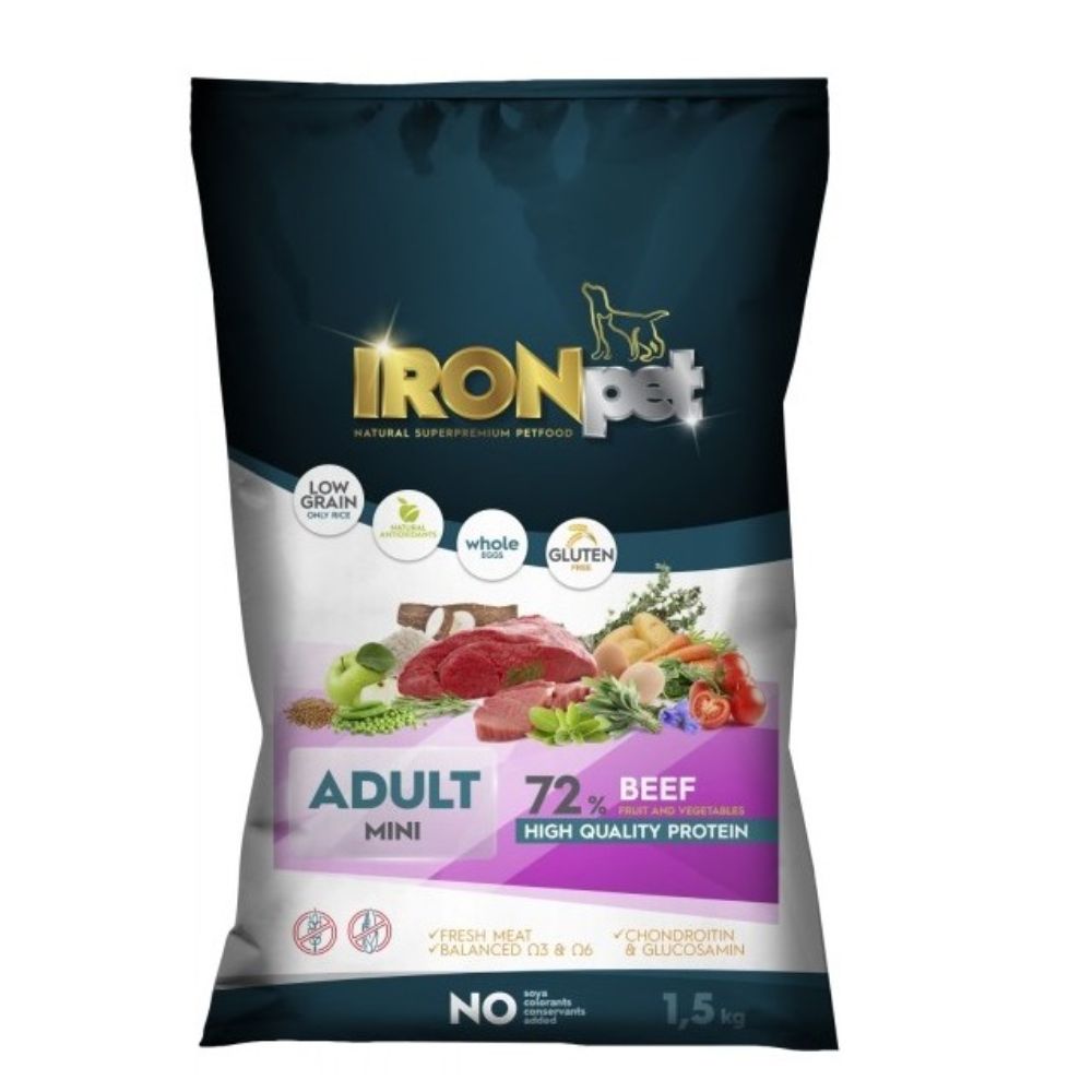 IRONpet BEEF Mini Adult vieno baltymo pašaras suaugusiems šunims 1,5 kg