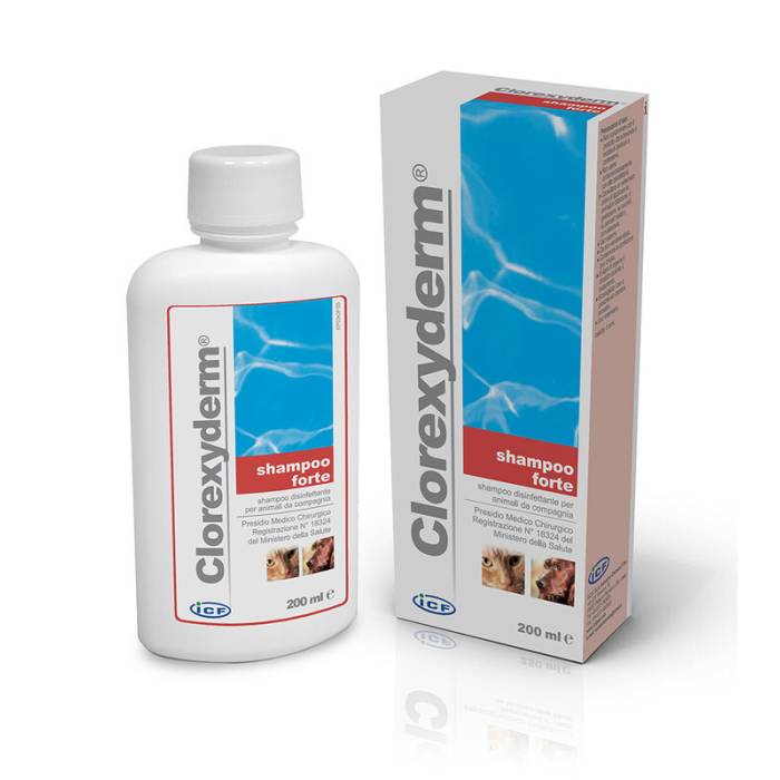 I.C.F. Clorexderm Shampoo Forte 2% valantis šampūnas naudojamas esant piodermai, 200 ml