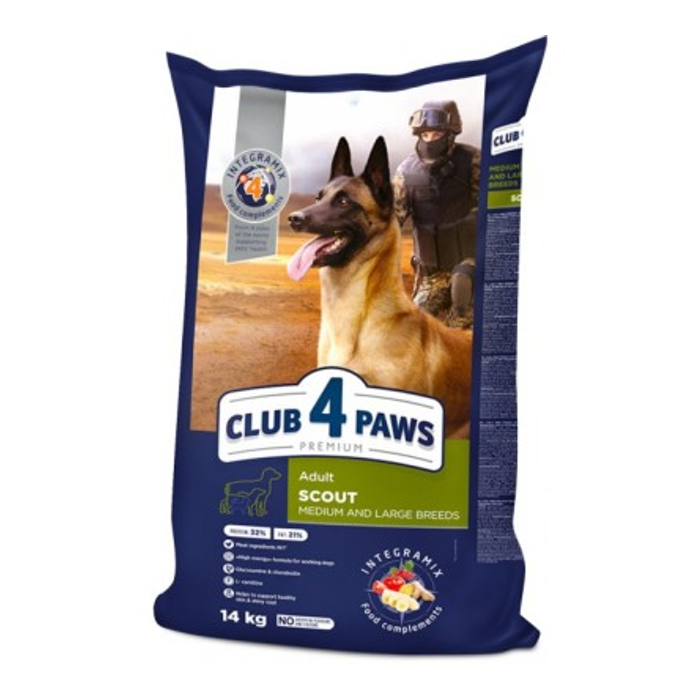 CLUB 4 PAWS Premium Scout Visavertis pašaras suaugisiems darbiniams vidutinių ir stambių veislių šunims, 14 kg