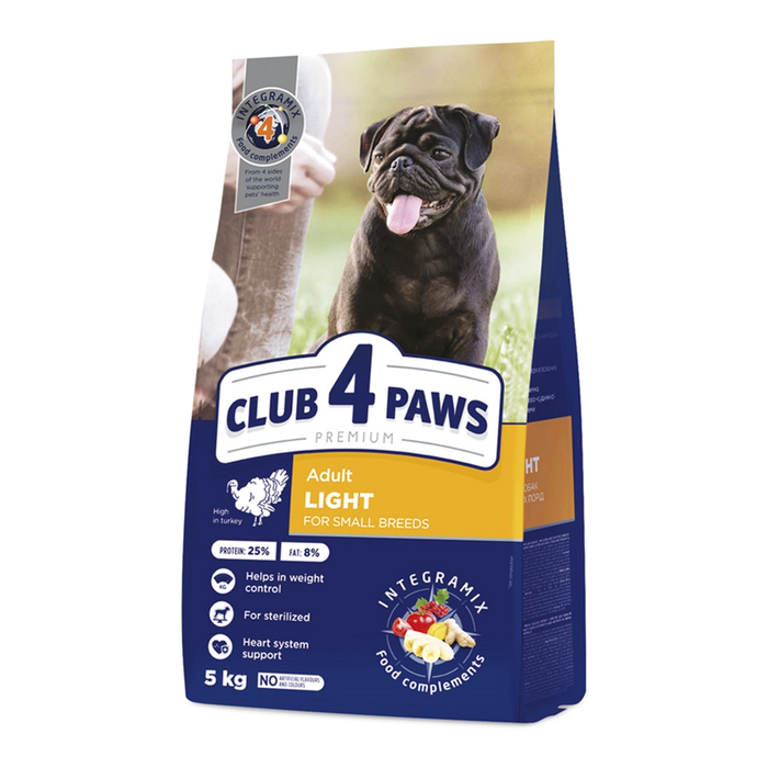 CLUB 4 PAWS Premium Light Visavertis pašaras suaugusiems mažų veislių sterilizuotiems ir turintiems polinkį į nutukimą šunims su kalakutiena, 5 kg