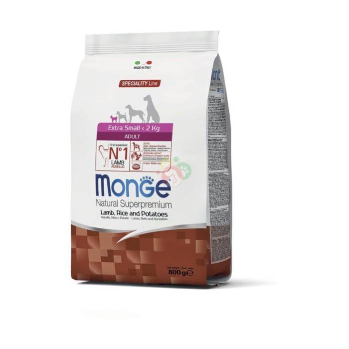 Monge Dry Dog Natural Superpremium Spec. Line Extra Small Adult sausas maistas labai mažų veislių šunims su ėriena, 0,8 kg