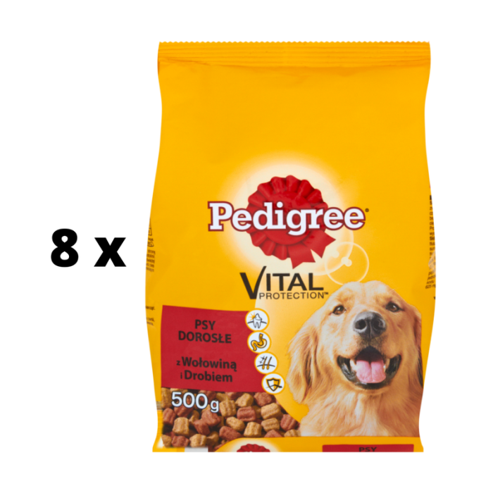 Sausas šunų ėdalas PEDIGREE Adult, su jautiena ir paukštiena, 500 g x 8 vnt. pakuotė