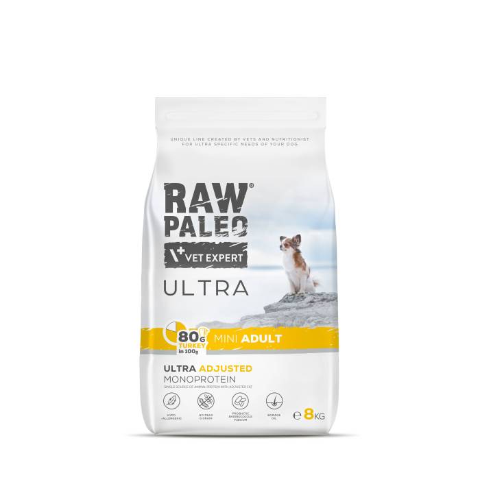 Raw Paleo Vet Expert Ultra Turkey Mini Adult begrūdis, sausas maistas šunims, 8 kg