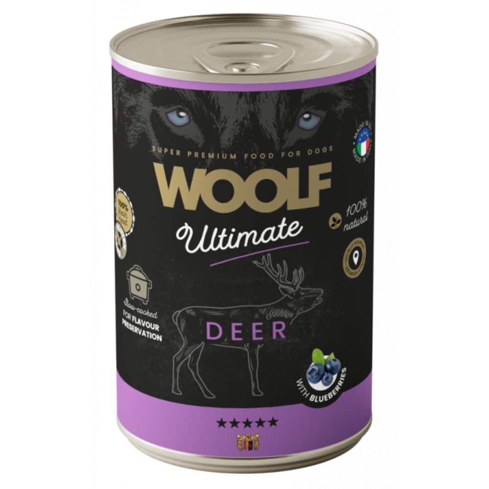 WOOLF ULTIMATE DEER WITH BLUEBERRIES begrūdžiai konservai šunims su elniena 400g