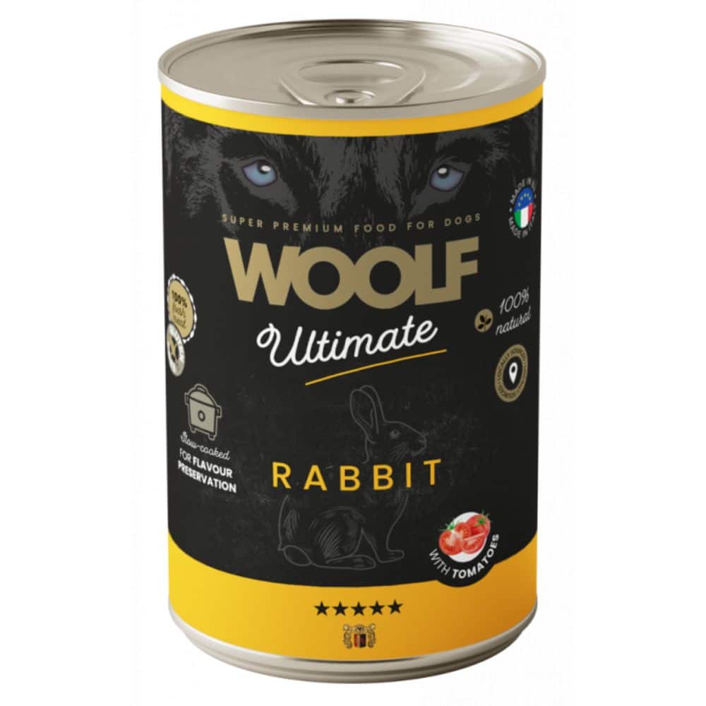 WOOLF ULTIMATE RABBIT WITH TOMATO begrūdžiai konservai šunims su triušiena 400g