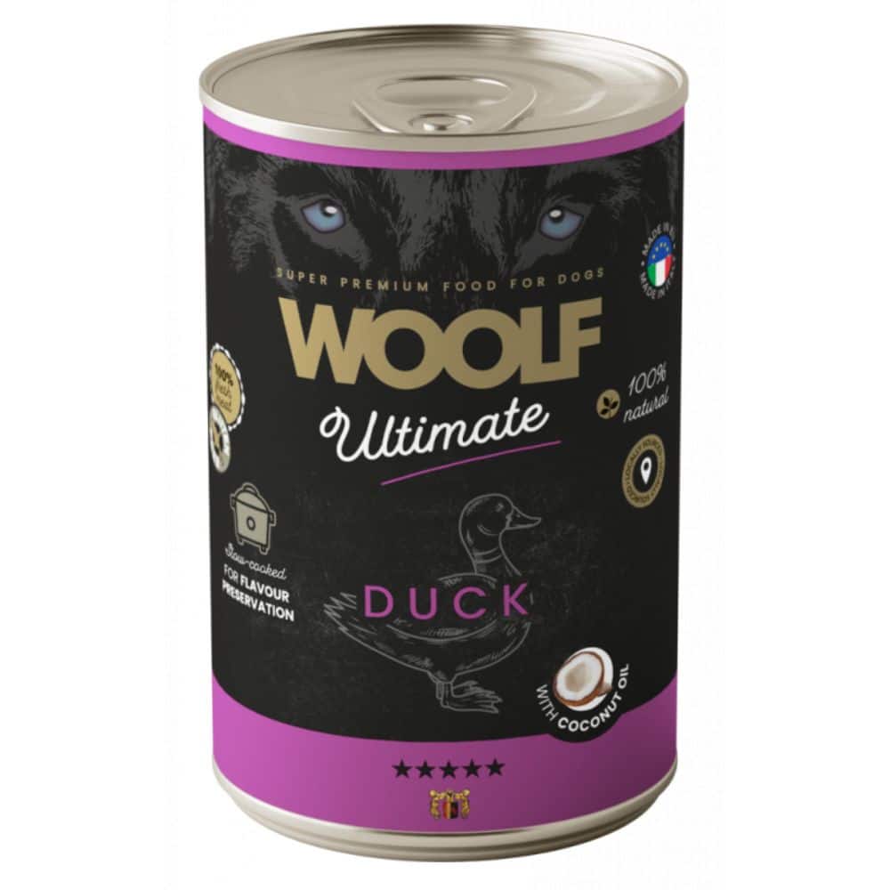 WOOLF ULTIMATE DUCK WITH COCONUT OIL begrūdžiai konservai šunims su antiena 400g