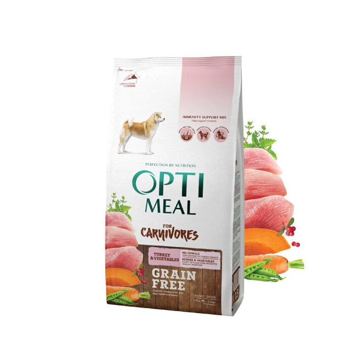 OPTIMEAL™ Visavertis begrūdis pašaras visų veislių suaugusiems šunims su kalakutiena ir daržovėmis, 1,5 kg