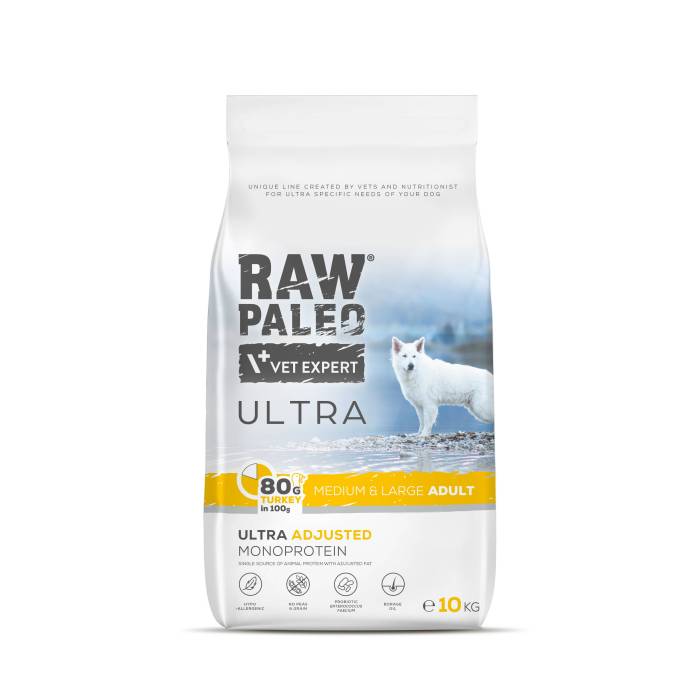 Raw Paleo Vet Expert Ultra Turkey Medium-Large Adult begrūdis, sausas maistas šunims, 10 kg