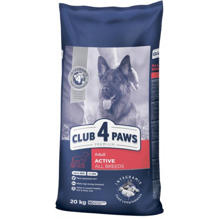 CLUB 4 PAWS Premium Active Visavertis pašaras suaugusiems aktyviems visų veislių šunims, 20 kg