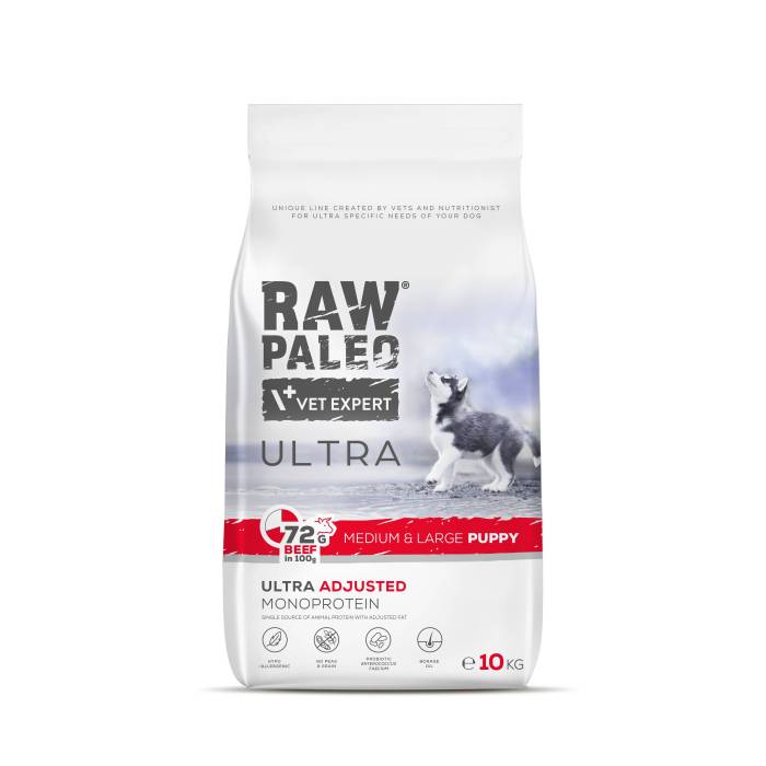 Raw Paleo Vet Expert Ultra Beef Medium-Large Puppy begrūdis, sausas maistas šuniukams, 10 kg