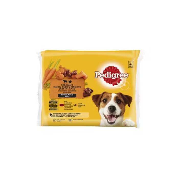 Pedigree drėgnas maistas šunims, rinkinys su jautiena, ėriena ir kalakutiena, 4 x 100 g