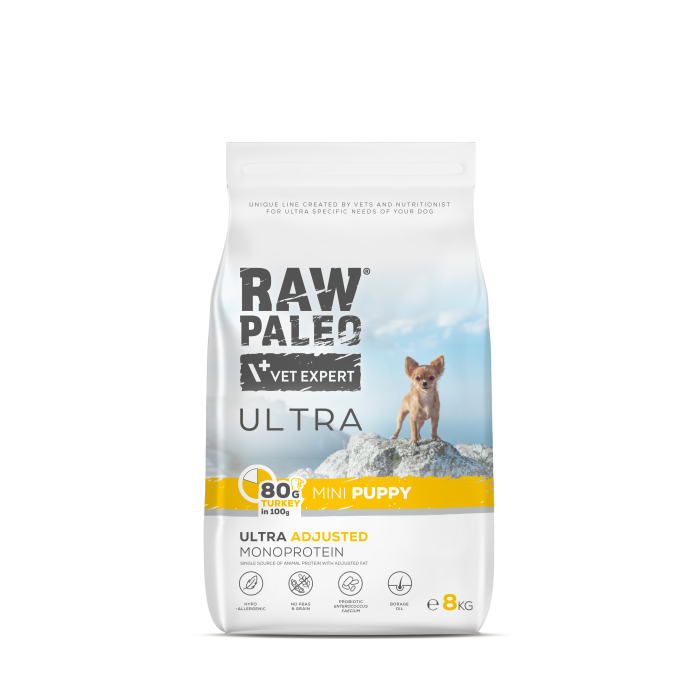 Raw Paleo Vet Expert Ultra Turkey Mini Puppy begrūdis, sausas maistas šuniukams, 8 kg