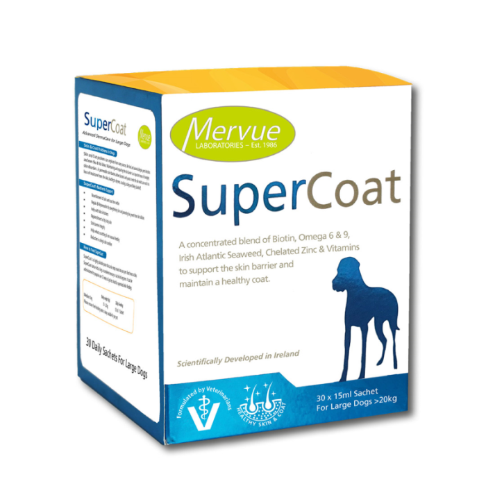 Mervue SuperCoat papildai didelių veislių šunims, padedantys palaikyti sveiką odą ir kailį, 5 ml x 30