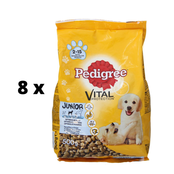 Sausas šunų ėdalas PEDIGREE Junior, su vištiena, 500 g x 8 vnt. pakuotė