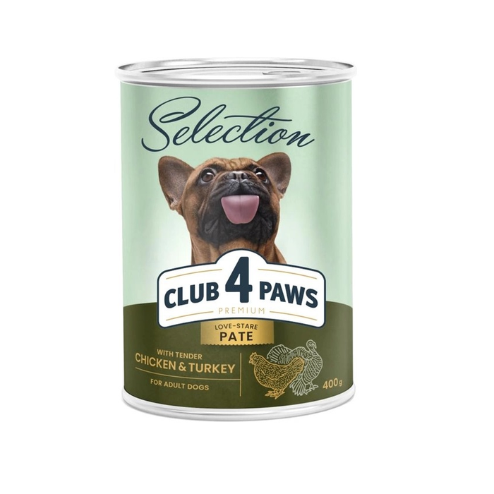 CLUB 4 PAWS Premium Visavertis konservuotas pašaras suaugusiems šunims su vištiena ir kalakutiena, 0,4 kg