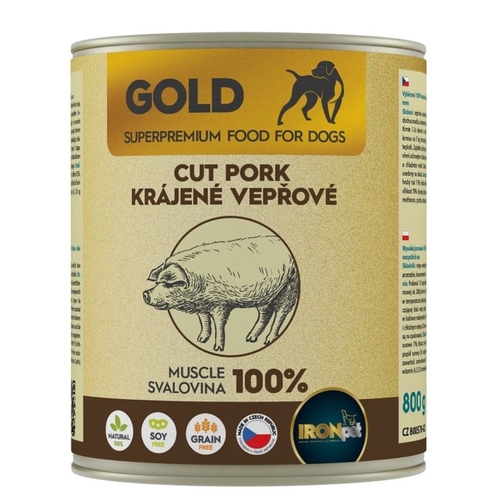 IRONpet Gold Dog Pork cut muscle kiaulienos raumens konservai šunims 800g