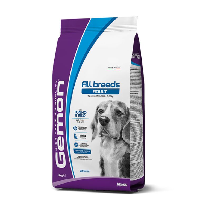 Gemon Dry Dog Medium Adult sausas maistas vidutinio dydžio veislių šunims su tunu ir ryžiais, 3 kg