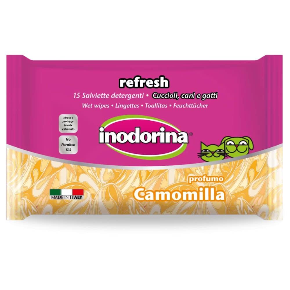 Inodorina Refresh ramunėlių valomosios servetėlės akims ir ausims, šunims ir katėms (15 vnt.)