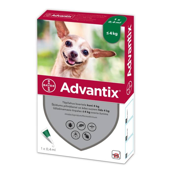 Advantix užlašinamasis tirpalas nuo blusų ir erkių šunims iki 4 kg, 4 vnt.