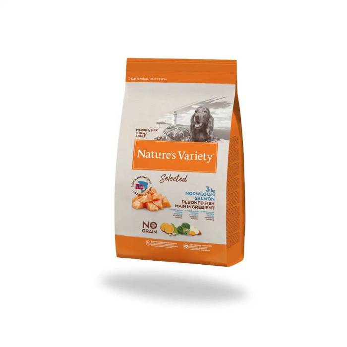 Nature's Variety Selected Med/Max Adult Norwegian Salmon begrūdis, sausas maistas šunims, 12 Kg