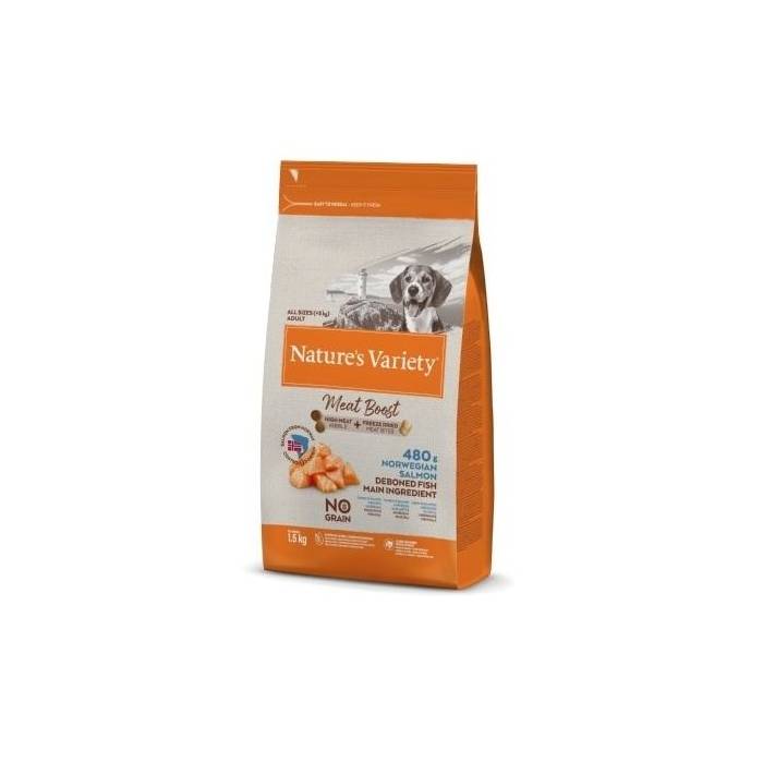 Nature's Variety Meat Boost Adult Norwegian Salmon begrūdis, sausas maistas šunims, 1,5 kg