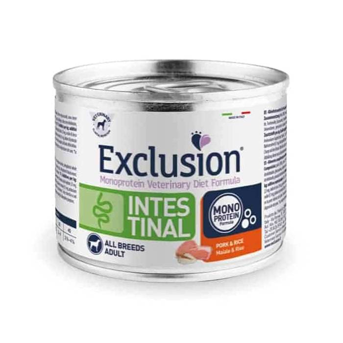 Exclusion Intestinal dietinis konservuotas maistas šunims su kiauliena ir ryžiais, 200 g