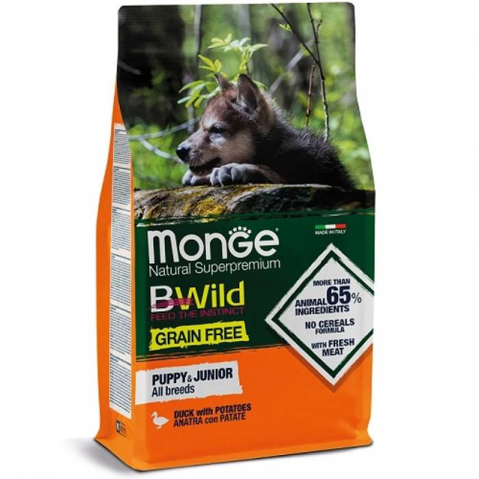 Monge BWILD Best For Breeders Puppy - Junior 30/20 begrūdis sausas maistas šuniukams su antiena ir bulvėmis, 15 kg