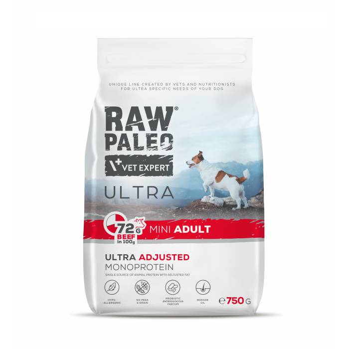 Raw Paleo Vet Expert Ultra Beef Mini Adult begrūdis, sausas maistas šunims, 0,75 kg