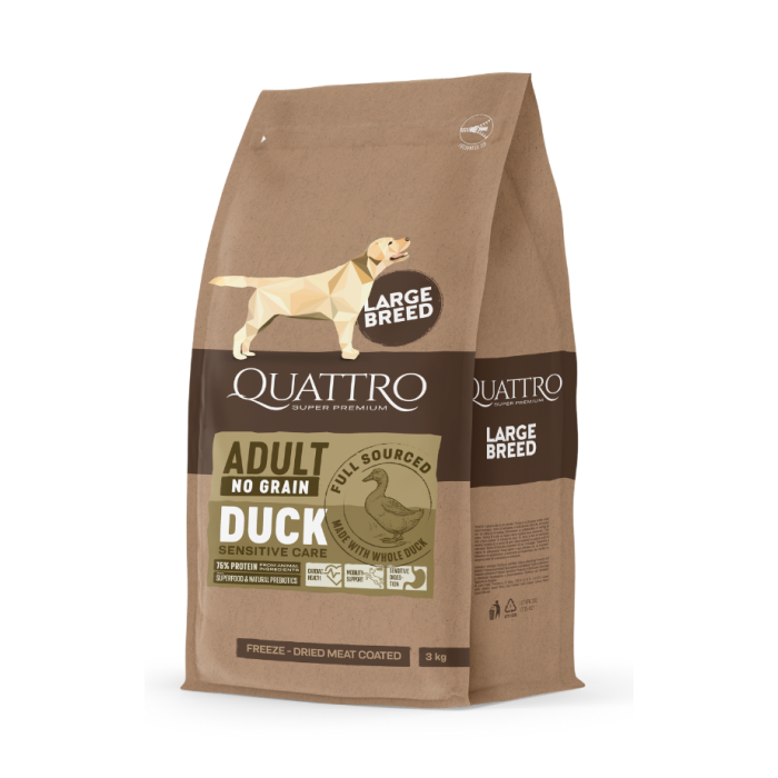 Quattro begrūdis didelių veislių jaunų šunų pašaras su antiena, 3 kg