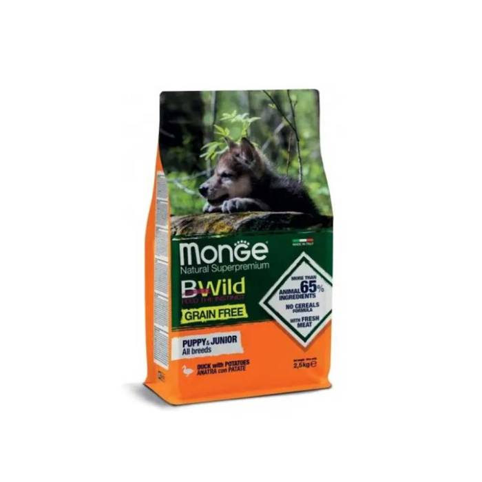 Monge Dry Dog BWILD Puppy - Junior begrūdis sausas maistas šuniukams su antiena, 2,5 kg