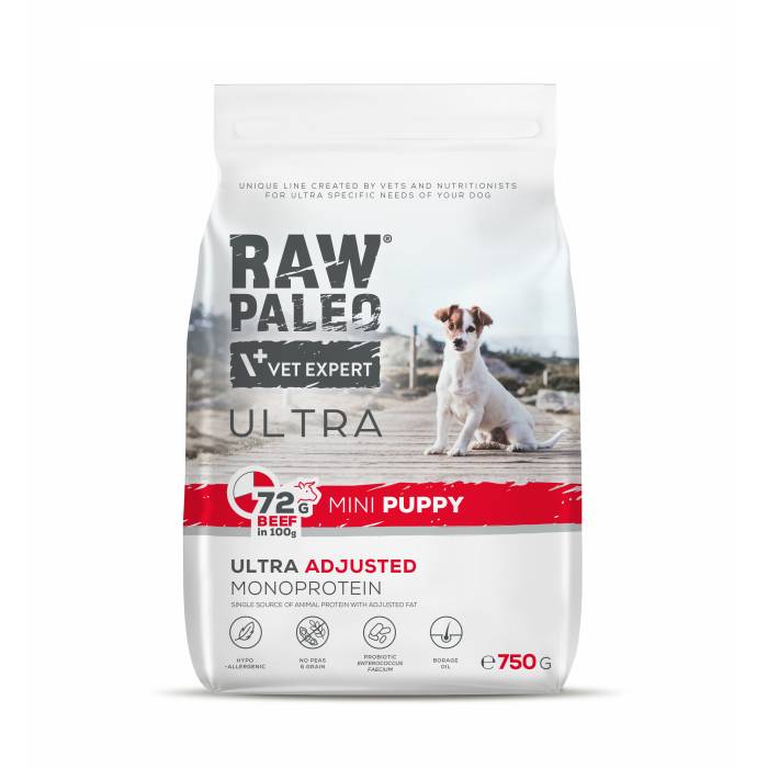 Raw Paleo Vet Expert Ultra Beef Mini Puppy begrūdis, sausas maistas šuniukams, 0,75 kg