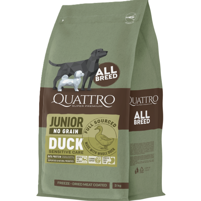 Quattro begrūdis visų veislių jaunų šunų pašaras su antiena, 3 kg