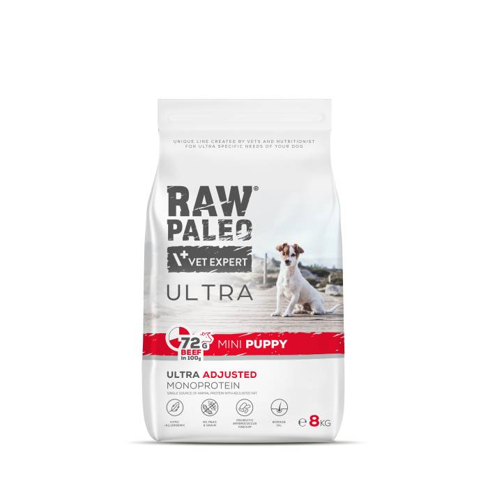 Raw Paleo Vet Expert Ultra Beef Mini Puppy begrūdis, sausas maistas šuniukams, 8 kg
