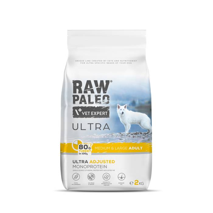 Raw Paleo Vet Expert Ultra Turkey Medium-Large Adult begrūdis, sausas maistas šunims, 2 kg