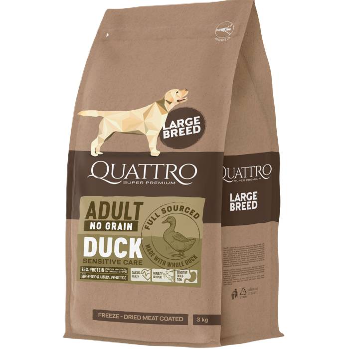 Quattro begrūdis didelių veislių suaugusių šunų pašaras su antiena, 3 kg