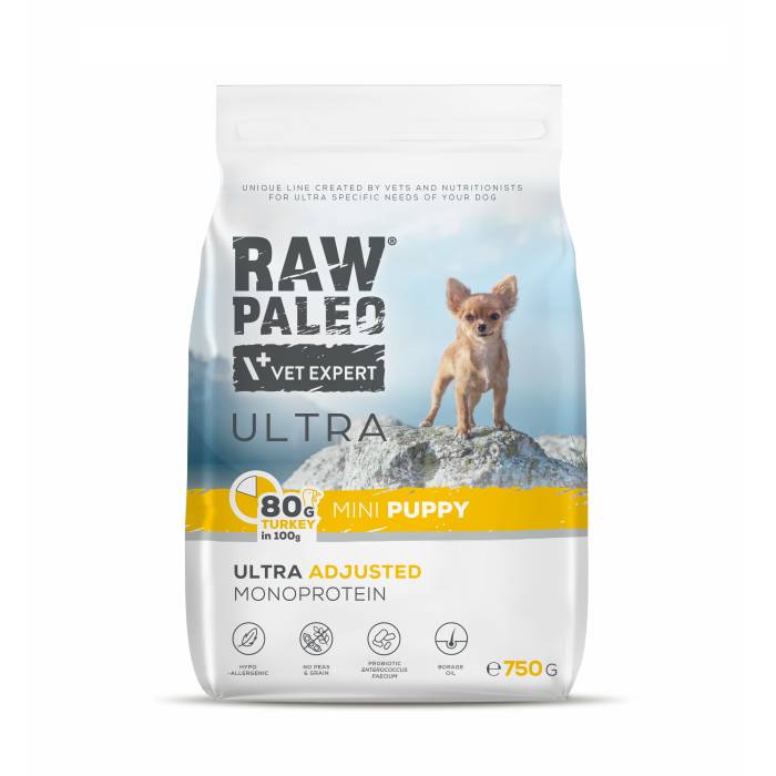 Raw Paleo Vet Expert Ultra Turkey Mini Puppy begrūdis, sausas maistas šuniukams, 0,75 kg