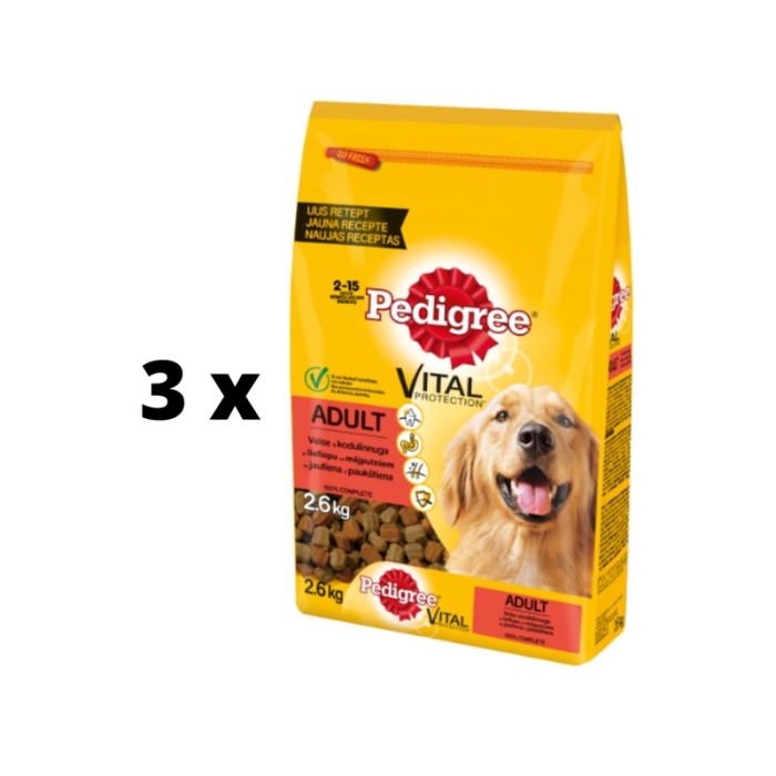 Sausas šunų ėdalas PEDIGREE Medium, su paukštiena, ir jautiena 2,6 kg x 3 vnt. pakuotė