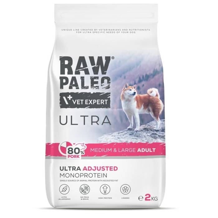 Raw Paleo Vet Expert Ultra Adult Medium - Large Pork sausas maistas vidutinių ir didelių veislių šunims, 2 kg
