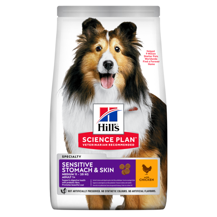 Hill's Science Plan Sensitive Stomach and Skin Medium Adult sausas maistas vidutinių veislių šunims, virškinimui ir kailio žvilgesiui, 14 kg