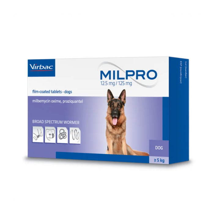 Virbac Milpro 12,5mg/125mg plėvele dengtos tabletės šunims 5-25 kg nuo kirminų, N2