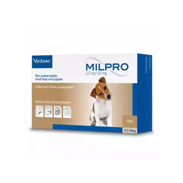 Virbac Milpro 2,5mg/25 mg plėvele dengtos tabletės šunims 0,5-10 kg nuo kirminų, N2