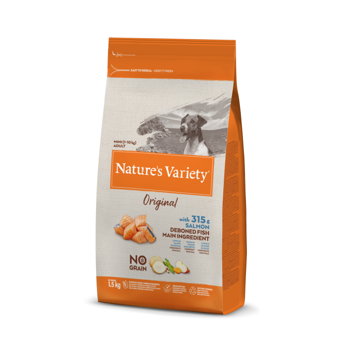 Nature's Variety Original Mini Adult Salmon begrūdis, sausas maistas mažų veislių šunims, 1,5 kg