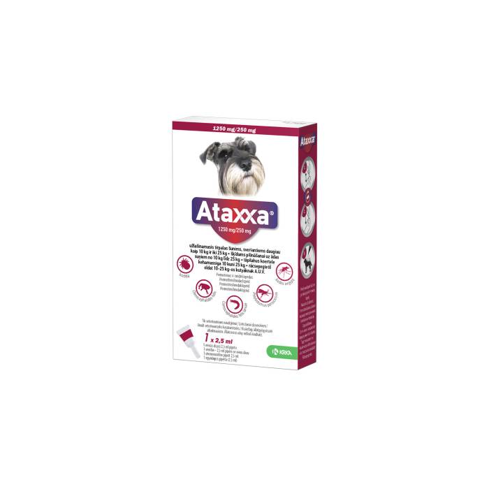 KRKA Ataxxa užlašinamas tirpalas šunims nuo erkių, blusų ir uodų, 10–25 kg, 1250 mg/250 mg, N1