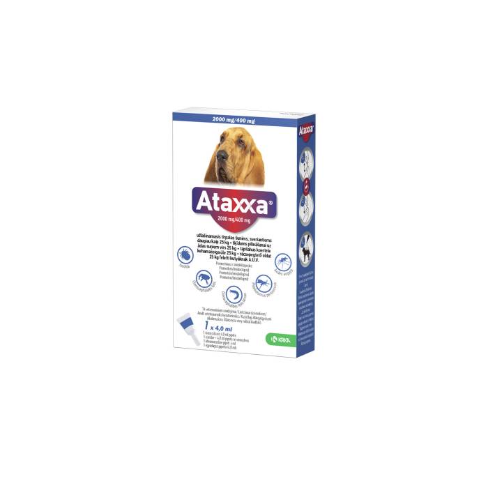 KRKA Ataxxa užlašinamas tirpalas šunims nuo erkių, blusų ir uodų, 25–40 kg, 2000 mg/400 mg, N1