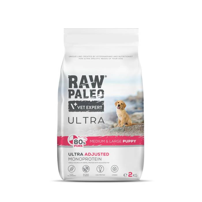 Raw Paleo Vet Expert Ultra Puppy Medium - Large Pork sausas maistas vidutinių ir didelių veislių šuniukams, 2 kg